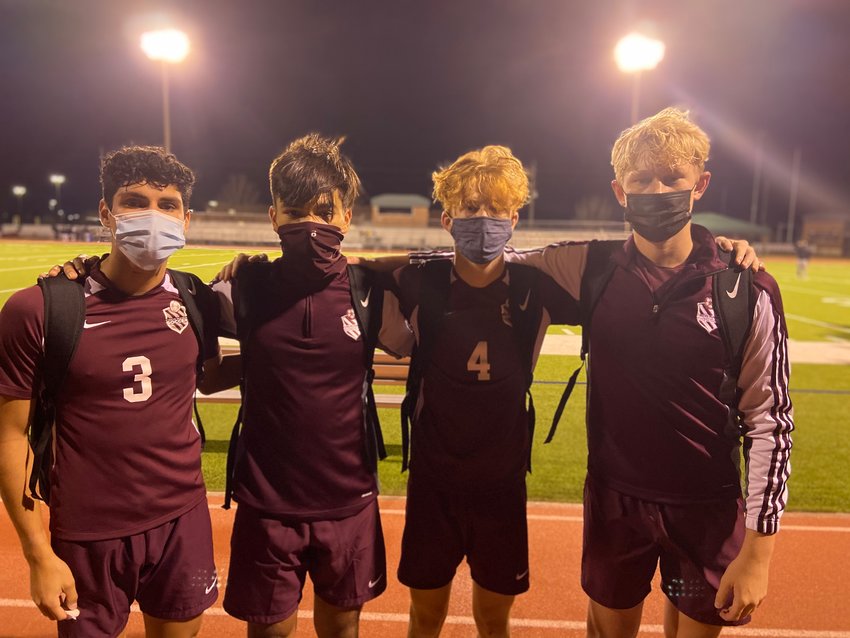 From left to right, junior Marcos Valecillos, sophomore Santi Taborda, sophomore Jake Manzi and freshman Ossian Elgstrom make up a talented Cinco Ranch defensive backline that is playing beyond its years this season.
