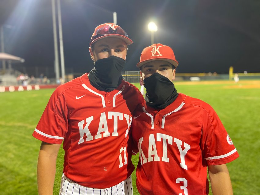 Katy High seniors Ryan Brome, left, and Caleb Matthews, right, played key roles in helping the Tigers improve to 14-3-0 overall after a 6-2 win over Cinco Ranch on Tuesday, March 16, at Cinco Ranch High.