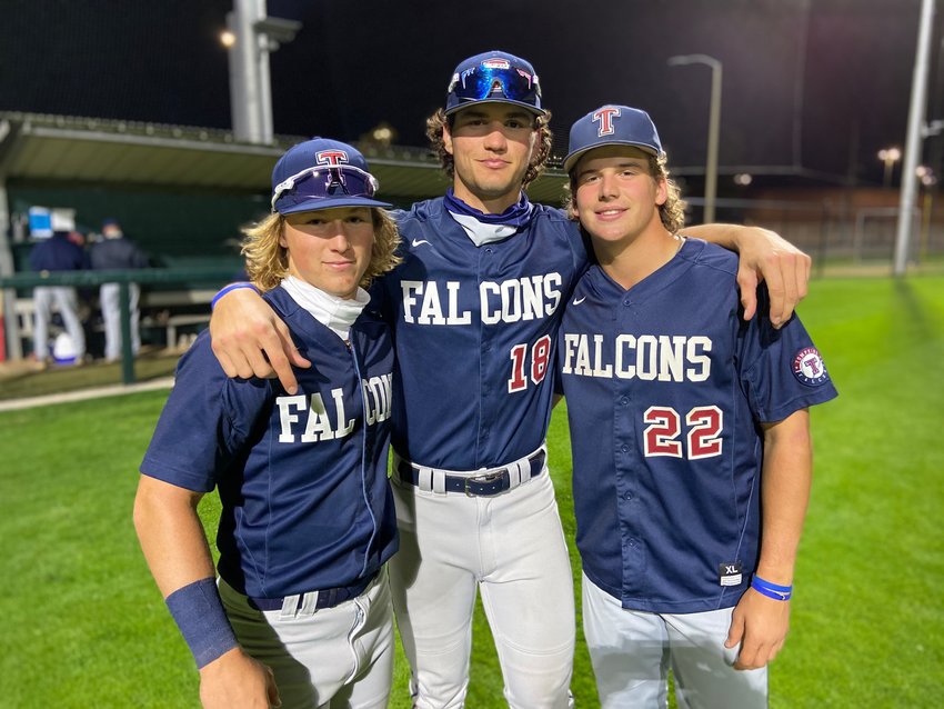 From left to right, Tompkins senior Will Stark, junior Lace LaViolette and junior Jack Little are key pieces to a lineup hitting .372 and averaging 16 runs per game in district play.