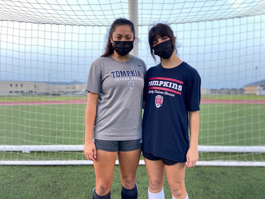 Tompkins senior defensive midfielder Felicia Hernandez, left, and senior attacking midfielder Alyssa Garcia have played significant roles in the Falcons sustaining success despite graduating dominant offensive players from the last few seasons.