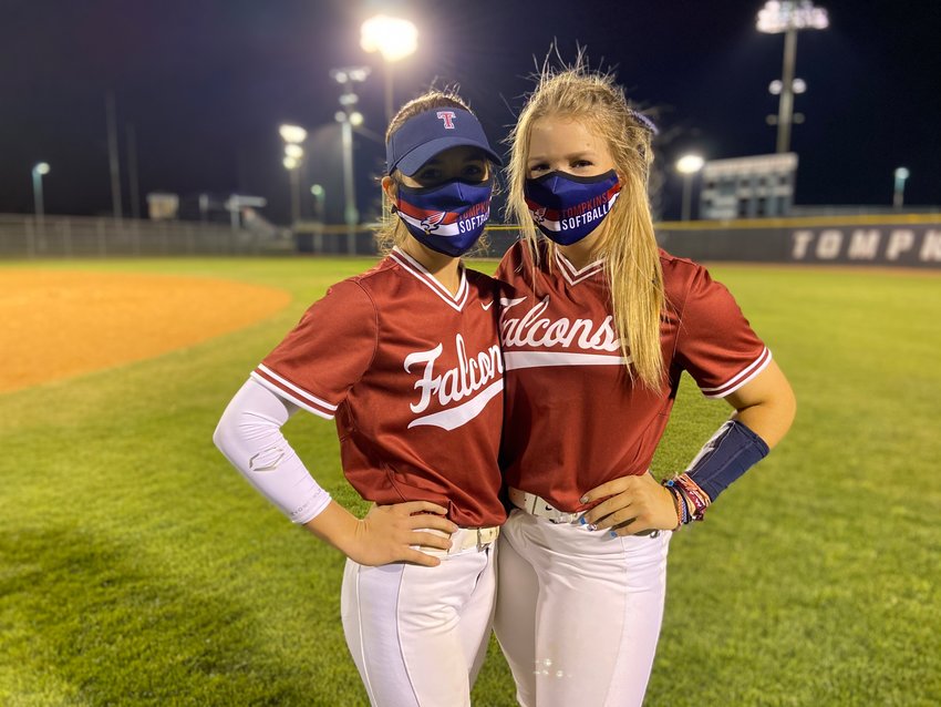 Tompkins senior Taylor Gage, left, and junior Ashley Martinec came up big in the Falcons' 5-3 win over Taylor on Thursday, April 1, to keep hold of second place in District 19-6A.
