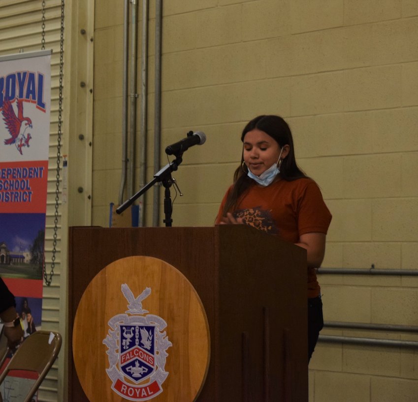 Royal ISD seventh-grader Lauren Hillsman speaks to community members at last week&rsquo;s ABCs of Royal ISD event hosted by the school&rsquo;s administration. Hillsman spoke about the benefits of being enrolled in the district&rsquo;s STEM Academy and how she enjoys classes there while still being able to participate in extracurricular activities such as Future Farmers of America or sports teams if she chooses to.