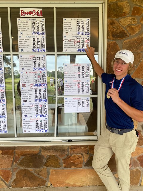 Tompkins junior Colt Tenpenny won the Region III-6A boys individual golf title after shooting a two-day score of 140 to become the Falcons&rsquo; first boys golf state qualifier.