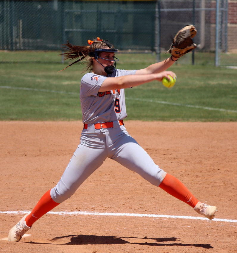 Seven Lakes sophomore Amy Abke delivers a pitch during a District 19-6A playoff play-in game against Mayde Creek on Saturday, April 24, at Morton Ranch High.