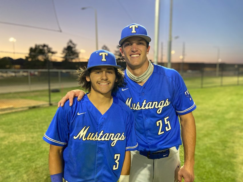 Taylor junior Nate Lopez, left, produced the game-tying RBI in the seventh inning and senior Trevor Woods had the go-ahead RBI moments later as the Mustangs rallied for a 4-2 comeback win over Seven Lakes on Saturday, April 24, to earn their first playoff berth since 2017.
