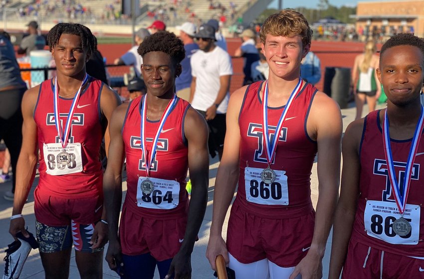 The Tompkins&rsquo; 4x100 relay team is pictured after placing second at the Region III-6A track and field meet April 24 in Humble with a time of 40.71 to Alief Taylor&rsquo;s 40.70. From left to right is senior Marquis Shoulders, junior Joshua McMillan II, junior Blake Harris and senior Mark Ngei.