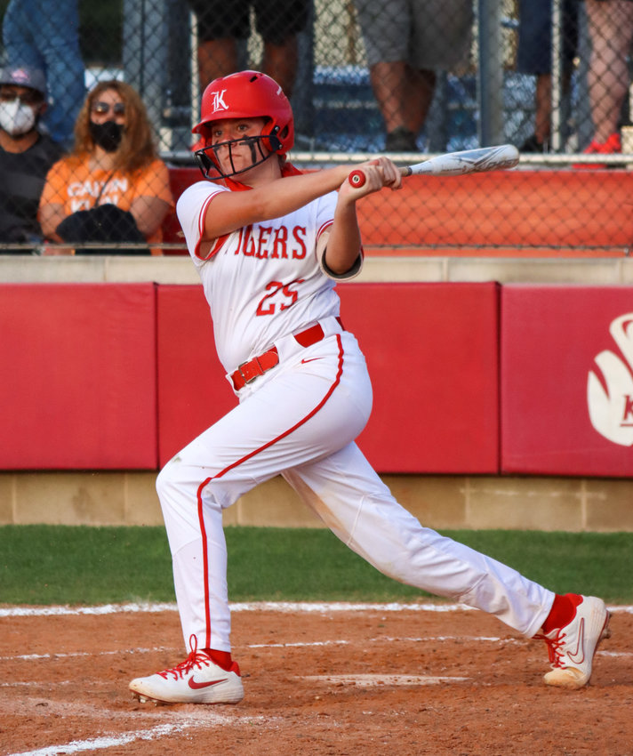 Katy High freshman Cameryn Harrison looks on after taking a swing during Game 1 of the team&rsquo;s area playoff series against Houston Heights on Friday, May 7, at Katy High.