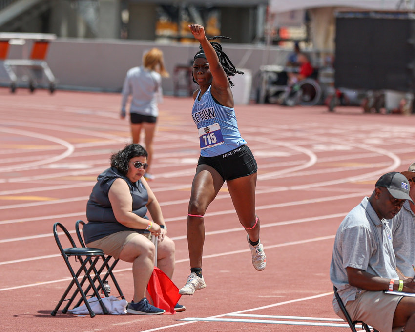 Paetow High School&rsquo;s Tumi Onaleye competes in the Class 5A girls triple jump event at the UIL State Track and Field Meet on May 7, 2021 at Mike A. Myers Stadium in Austin, Texas.