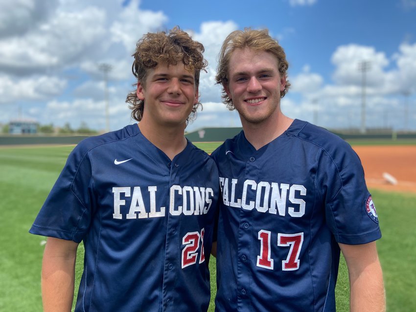 Tompkins junior Jack Little, left, and senior Graiden West were pivotal in the Falcons sweeping Elkins in their Class 6A bi-district playoff series Saturday, May 8, at Tompkins High. West went 4-for-7 in the series with six RBIs and four runs scored. Little went 4-for-6 with five RBIs and three runs scored.