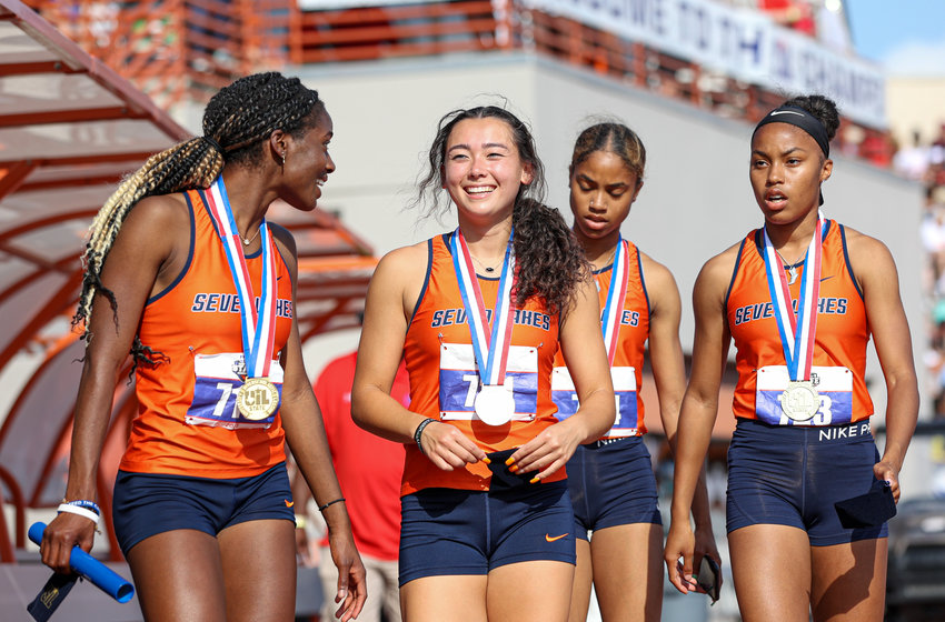 The Seven Lakes High School relay team finished first in the Class 6A girls 4x100 meter relay at the UIL State Track and Field Meet on May 8, 2021 at Mike A. Myers Stadium in Austin, Texas.