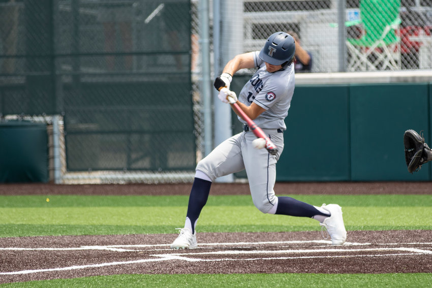 Tompkins junior Jace Laviolette takes a swing during Game 3 of the Falcons&rsquo; Region III-6A semifinals against Strake Jesuit on Saturday, May 29, at Cy-Falls High.