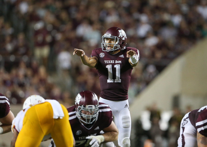Texas A&amp;M Aggies quarterback Kellen Mond (11) calls out protections during an NCAA football game between Texas A&amp;M and ULM on Saturday, Sept. 15, 2018 in College Station, Texas.