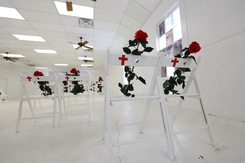 Memorial to the 26 victims of the Sutherland Springs massacre on March 30, 2018. The gunman should not have been able to purchase an assault style rifle, but the store conducted the required federal background check, which didn't reveal his past assault conviction, the court said.