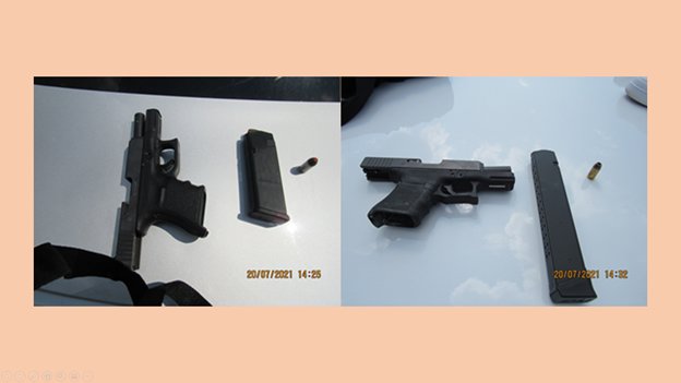 Katy Police Department investigators confiscated the two firearms pictured above when they arrested Ronald Pierre, Mister Mackey, Jr. and an unnamed minor in association with vehicle burglaries near Katy Mills on Wednesday. Drug paraphernalia was also seized during the arrest.