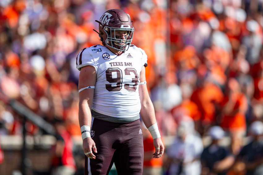 CLEMSON, SC - SEPTEMBER 07, 2019 - defensive lineman Max Wright #93 of the Texas A&amp;M Aggies during the game between the Clemson Tigers and the Texas A&amp;M Aggies at Clemson Memorial Stadium in Clemson, SC. Photo By Craig Bisacre/Texas A&amp;M Athletics