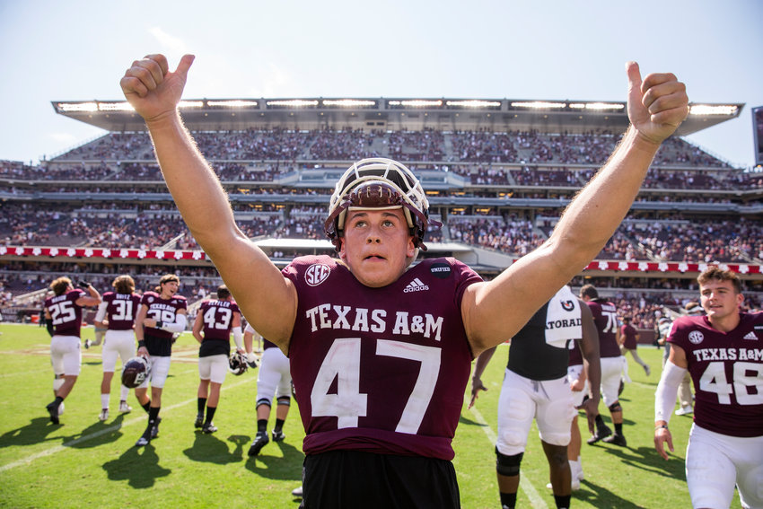 COLLEGE STATION, TX - OCTOBER 10, 2020 - Place kicker Seth Small #47 of the Texas A&amp;M Aggies during the game between the Florida Gators and the Texas A&amp;M Aggies at Kyle Field in College Station, TX. Photo By Craig Bisacre