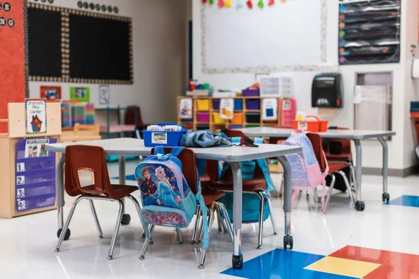 Students&rsquo; backpacks hang on their chairs in an empty classroom at Blanco Vista Elementary School in San Marcos. The measure would allow for a one-time payment of up to $2,400 for retired teachers, counselors and other school staff.