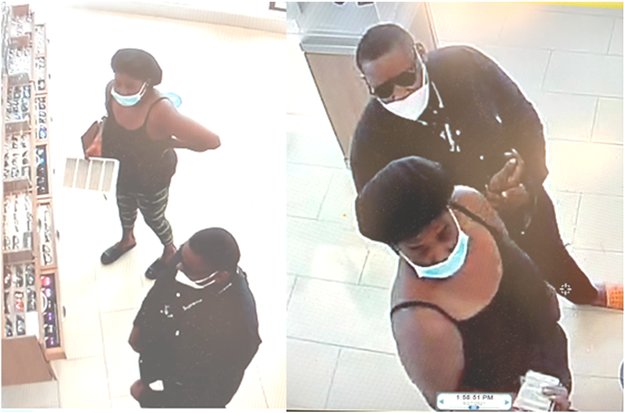 The Fort Bend County Sheriff's Office is seeking information on the two people pictured above in relation to thefts at a LaCenterra eyeglass shop.