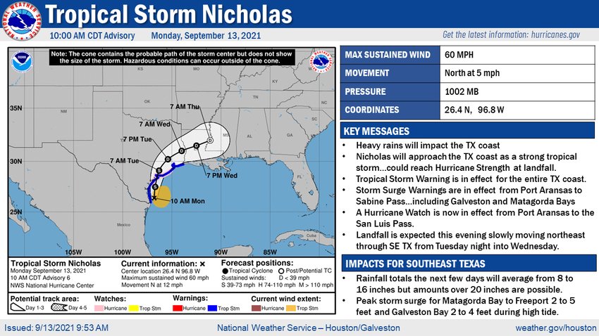 The National Weather Service has issued a warning in response to Tropical Storm Nicholas which is expected to bring heavy rains to the Texas coast.