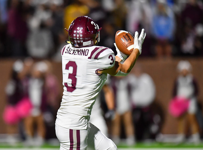 Katy, Tx. Oct 29, 2021:  Cinco Ranch's Seth Salverino #3 makes the reception scoring a TD during a conference game between Cinco Ranch and Morton Ranch at Rhodes Stadium. (Photo by Mark Goodman / Katy Times)