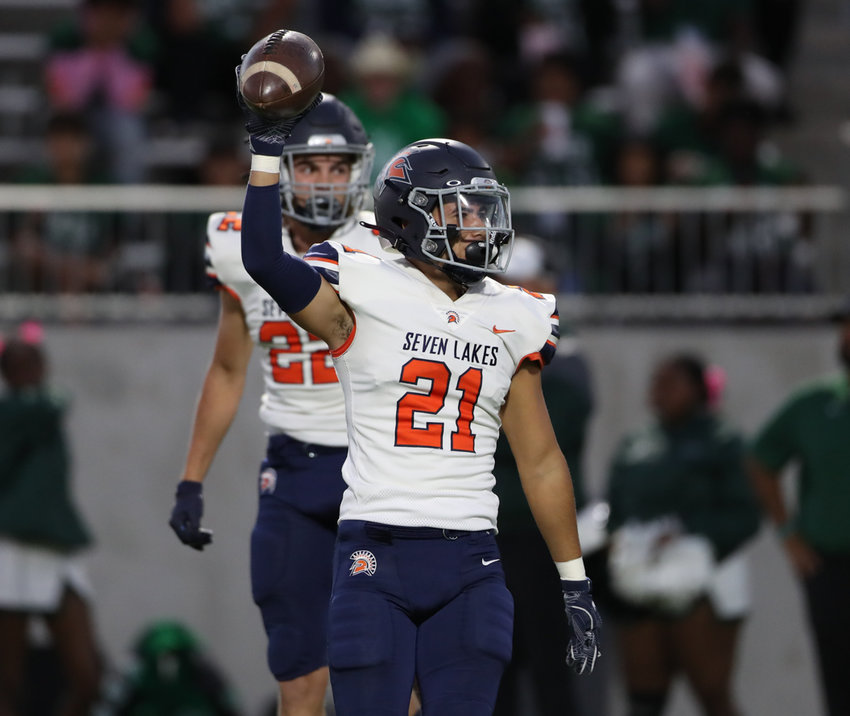 Seven Lakes Spartans defensive back Dylan Garcia (21) gestures after recovering a fumble during a high school football game between Mayde Creek and Seven Lakes on October 29, 2021 in Katy, Texas. Seven Lakes won, 50-10.