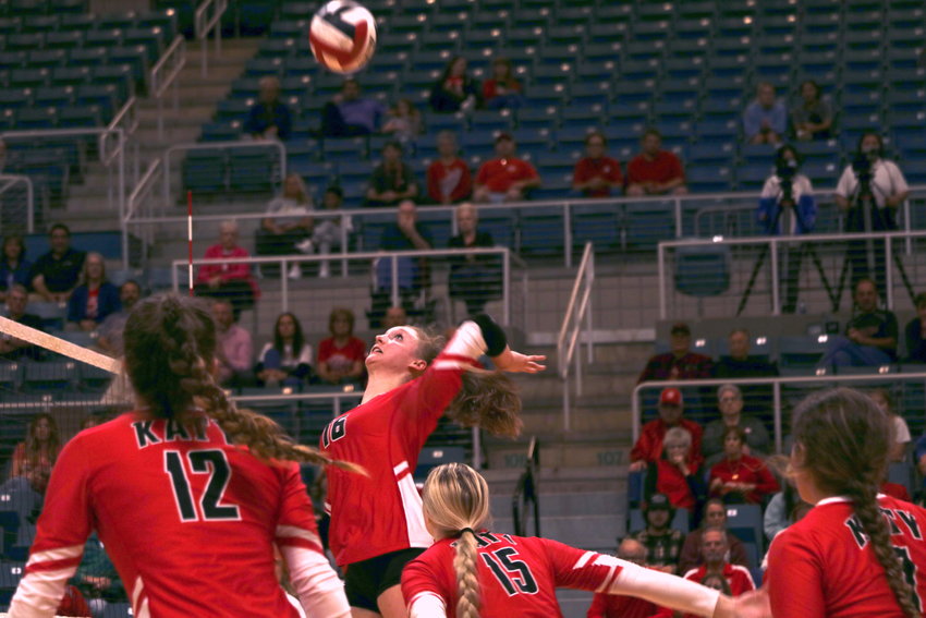 Katy&rsquo;s Maddie Waak spikes the ball during a regional quarterfinal game at the Merrell Center.