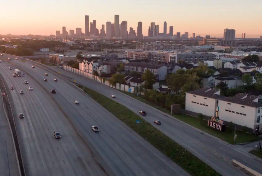 An aerial view of a highway in Houston on April 1, 2020. Federal funds will help advance existing plans, pay for much-needed repairs and launch other projects for roads, bridges, broadband access, electric vehicle charging stations and more according to the White House.
