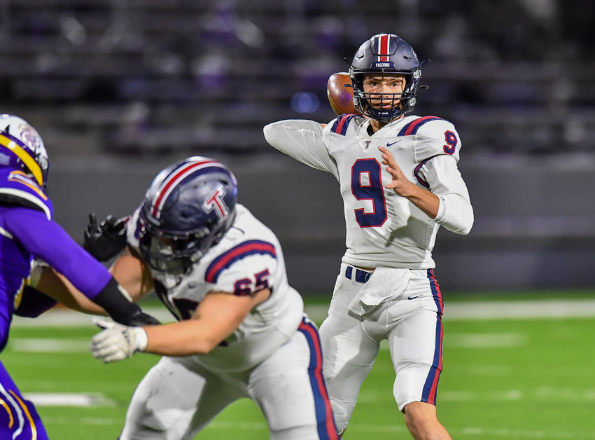 Houston Tx. Nov 19,, 2021: Tompkins QB #9 Cole Francis delivers a pass during the UIL area playoff game between Tompkins and Jersey Village at Pridgeon Stadium in Houston. (Photo by Mark Goodman / Katy Times)