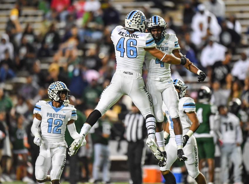 Houston, Tx. Dec 3, 2021: Paetow's K.J. Truehill #4 celebrates an interception with team mate Alexander Kilgore #46 during the quarterfinal playoff game between Paetow and F,B. Hightower at Rice Stadium in Houston. (Photo by Mark Gooman / Katy Times)