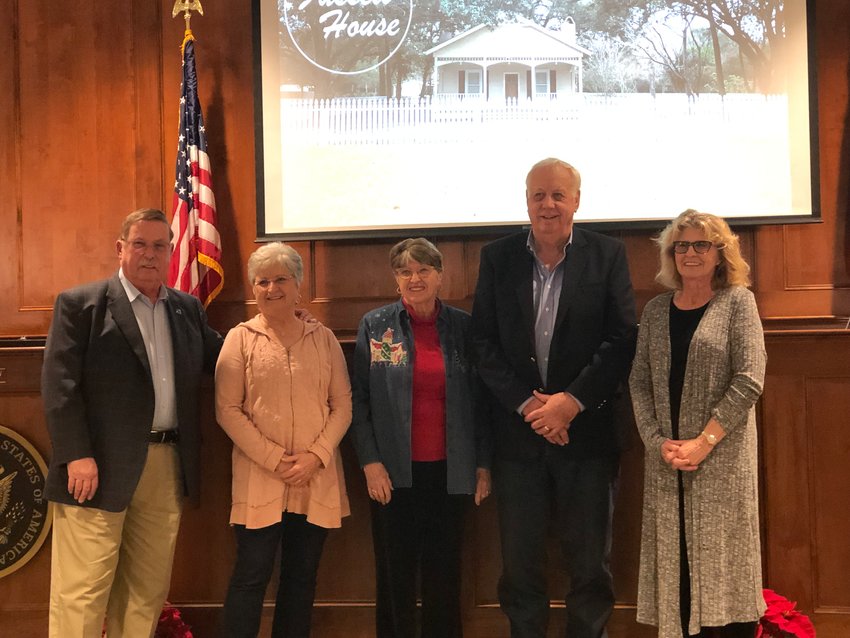 Members of the Fussell family were on hand Monday at City Hall to hear the city&rsquo;s plans for the historic Fussell House going forward. Pictured are former Mayor Hank Schmidt, Sandy Fussell Schmidt, Marsha Fussell Wiesner, Roy Wiesner, and Belva Fussell.