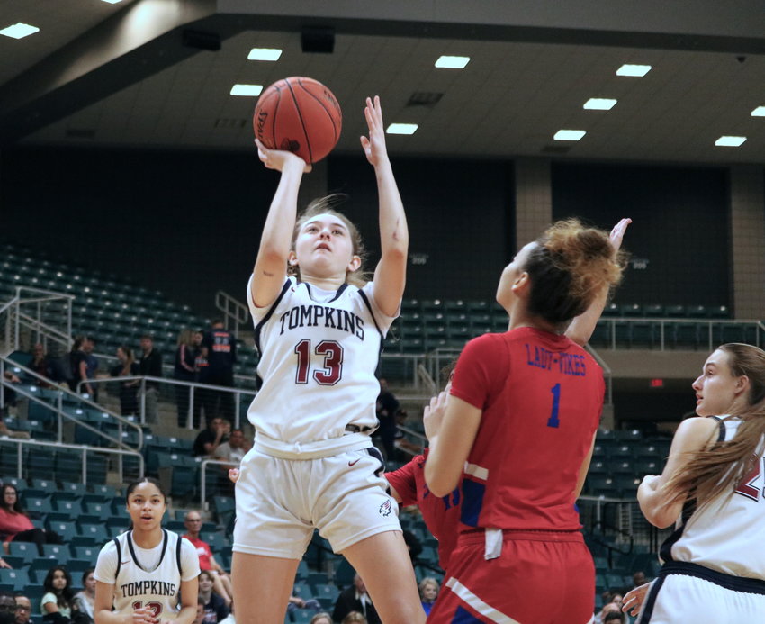 Tompkins&rsquo; Macy Spencer shoots a jumper during Tuesday&rsquo;s Class 6A regional quarterfinal against Fort Bend Dulles at the Merrell Center.