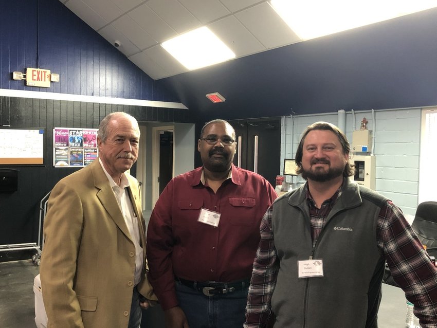 Katy Mayor Bill Hastings, Brookshire Mayor Darrell Branch, and project development manager Hugh Durlam of All-Terra Engineering visit at the West I-10 Chamber of Commerce meeting Tuesday in Brookshire.