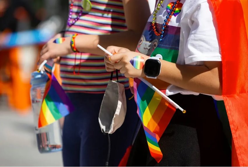 Kids hold flags and wear heart stickers and beads at the Austin Independent School District&rsquo;s &ldquo;Pride Out!&rdquo; party in Austin last month. Lt. Gov. Dan Patrick wants a Texas law similar to Florida legislation limiting classroom lessons about LGBTQ people.