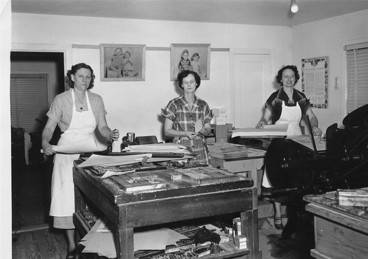 Mary Ann Ernstes, right, along with Frances Wilson, left, and Dora Mae Egger publish a copy of the Brookshire Times in this undated photo.