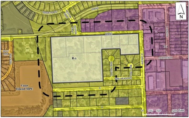 A map depicts the homes (circled) that are zoned as residential, but for which its residents requested commercial zoning to match the homes across the street.
