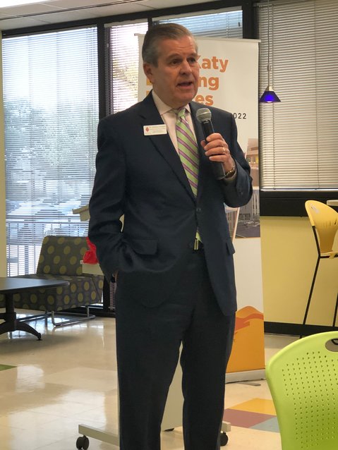 Zach Hodges, president of Houston Community College&rsquo;s Katy campus, speaks at the Katy Area Economic Development Council Tuesday morning at the college.