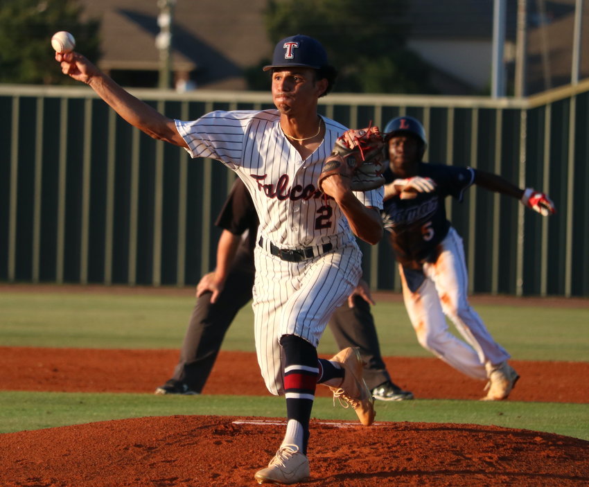 Trevor Esparza pitches during Thursday&rsquo;s Class 6A area round game between Tompkins and Lamar at the Tompkins baseball field.