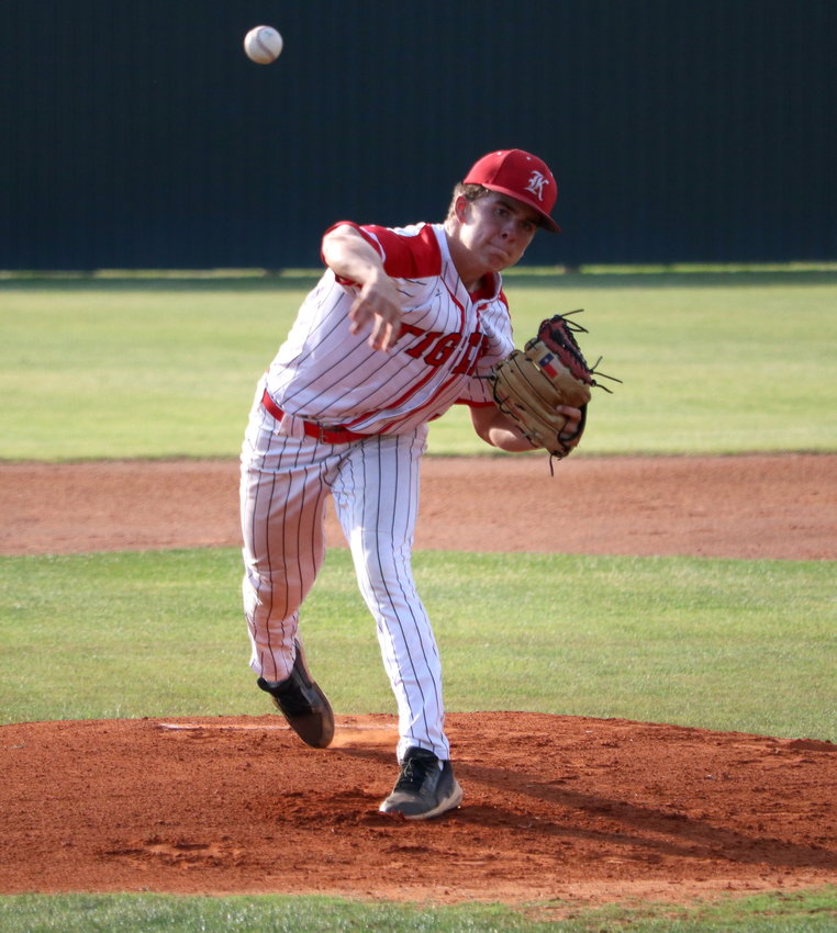 Caleb Koger pitches during Friday&rsquo;s area round game between Katy and Jersey Village at the Katy baseball field.