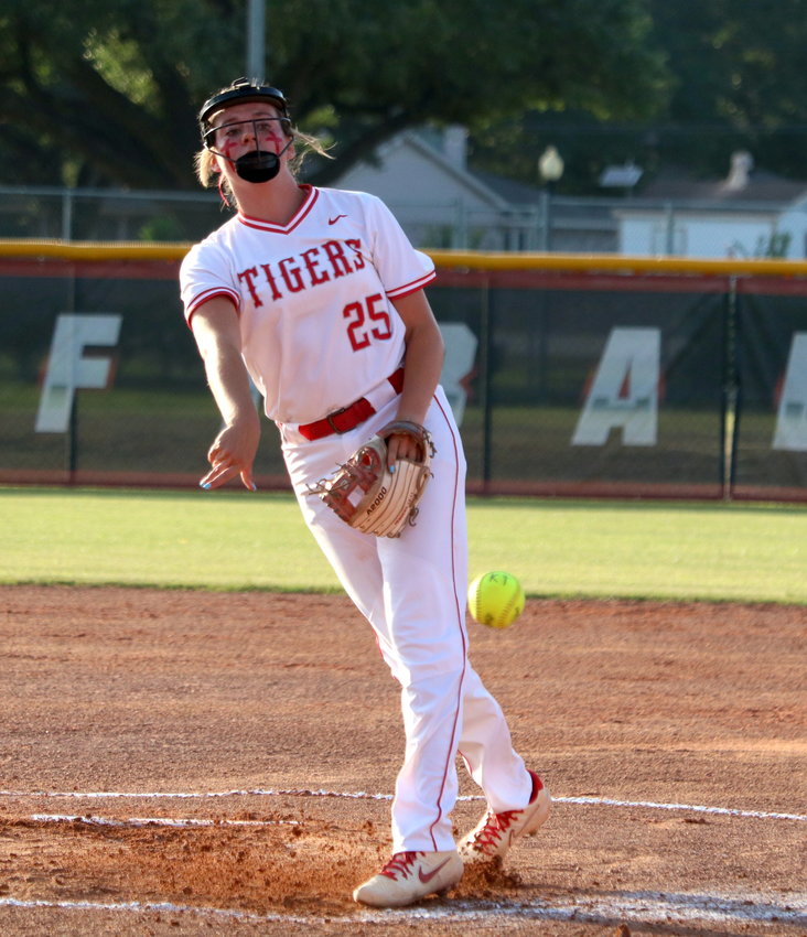 Cameryn Harrison pitches during Wednesday&rsquo;s Class 6A Regional Semifinal game between Katy and Pearland at the Katy softball field.