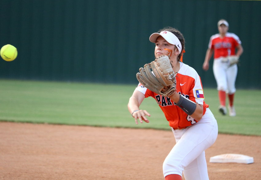 Haley Welch makes a throw to first base during Friday&rsquo;s Class 6A Regional Semifinal between Seven Lakes and Deer Park at the Summer Creek softball field.