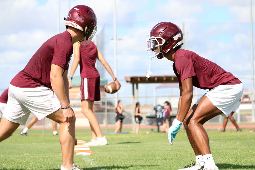 Taytum Johnson lines up to defend a receiver during Monday&rsquo;s Cinco Ranch practice.