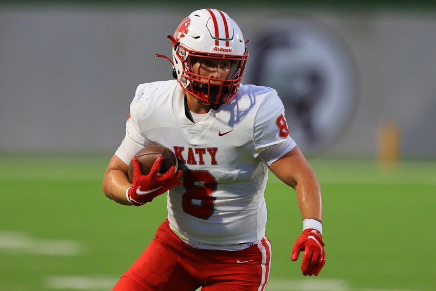 Katy&rsquo;s Chase Johnsey catches a pass during Saturday&rsquo;s game between Katy and Tompkins at Legacy Stadium.