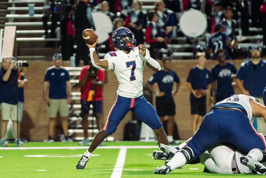 Tompkins&rsquo; Chris Gilbert Jr. makes a throw during Friday&rsquo;s game between Cinco Ranch and Tompkins at Rhodes Stadium.