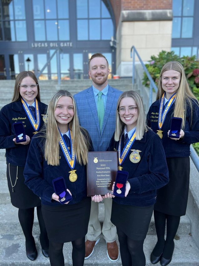 The Katy High School FFA poultry group. Pictured on the front row, from left to right, are Amber Hall (7th High Individual) and Reagan Barnett (2nd High Individual). Pictured on the back row are, from left to right, Kailey Kulhanek (3rd High Individual), Jacob Price (FFA Advisor) and Jaime Hahn (1st High Individual).