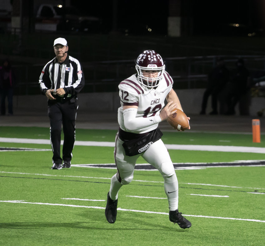 Gavin Rutherford runs during Friday's Class 6A-Division I area round game between Cinco Ranch and Cy-Fair at Pridgeon Stadium.