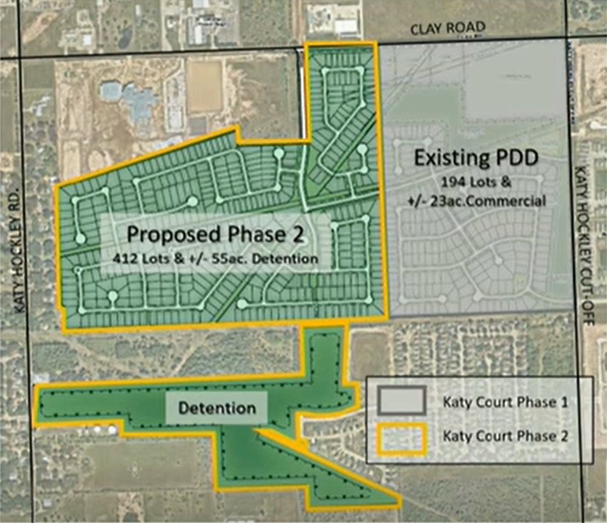 This map shows the proposed Katy Court Phase 2 expansion approved by the Katy City Council Monday. It features both 412 lots for housing development and a detention pond just to the south.