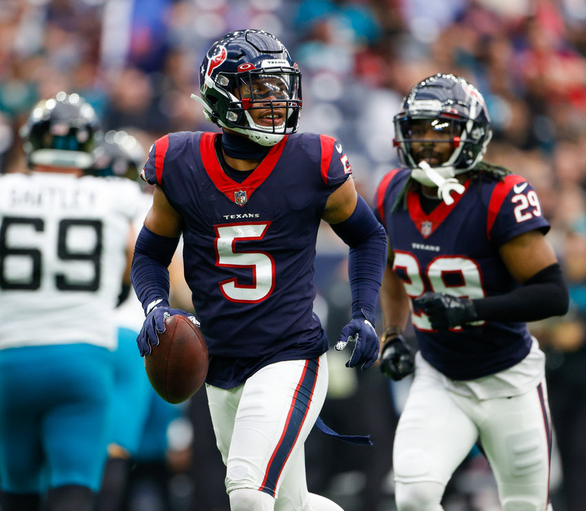 Texans safety Jalen Pitre (5) after an interception of Jaguars quarterback C.J. Beathard during an NFL game between the Houston Texans and the Jacksonville Jaguars on Jan. 1, 2023 in Houston. The Jaguars won, 31-3.