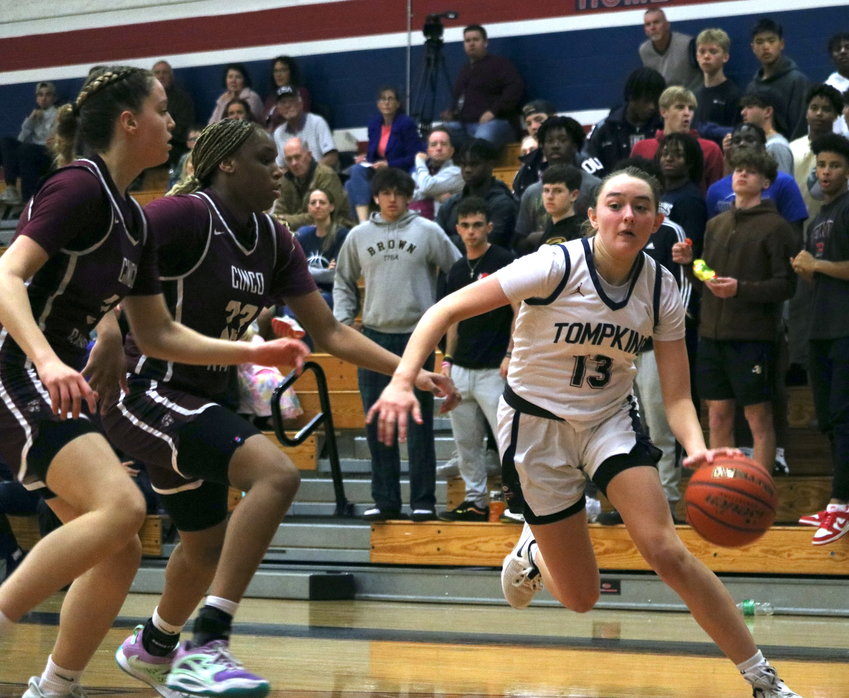Macy Spencer drives baseline during Friday&rsquo;s game between Tompkins and Cinco Ranch at the Tompkins gym.