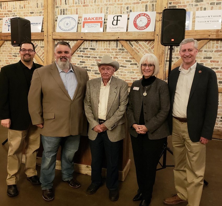The West I-10 Chamber of Commerce honored Herman Meyer, the longtime owner of Midway Barbecue and Midway Food Market, at its 20th annual appreciation awards banquet, held Feb. 2 at Beckendorff Farms, 28533 Morton Road. Pictured from left are Council Member-at-Large and Mayor Pro Tem Chris Harris, Ward B Council Member Rory Robertson, Meyer, Ward A Council Member Janet Corte, and Mayor Dusty Thiele.