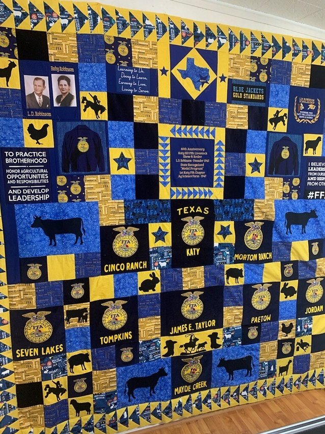 Jean Warnke, an award-winning quiltmaker from Spring, created this quilt to commemorate the 80th anniversary of the Katy ISD FFA Livestock Show. The quilt will be auctioned, with proceeds benefiting the L.D. Robinson Scholarship Fund.